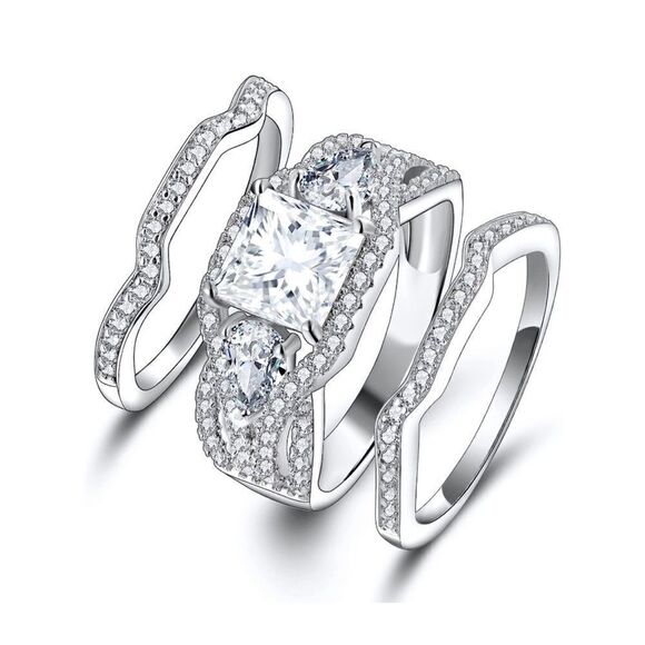 NEW! 18K White Gold Plated Stackable 3 Piece Square Diamond Engagement Ring Set - Picture 6 of 6